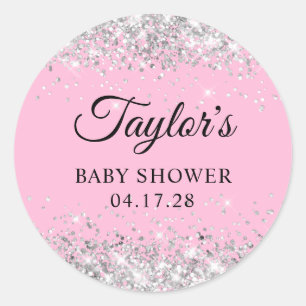 Sticker Rond Baby shower rose Parties scintillant argent