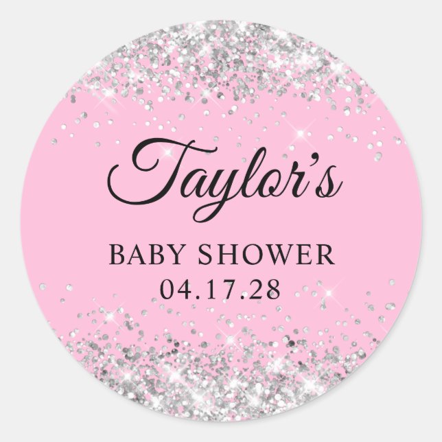 Sticker Rond Baby shower rose Parties scintillant argent (Devant)