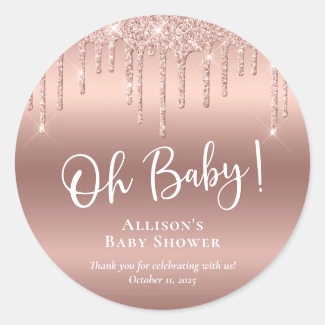 Sticker Rond Baby shower Rose Parties scintillant or Merci (Devant)
