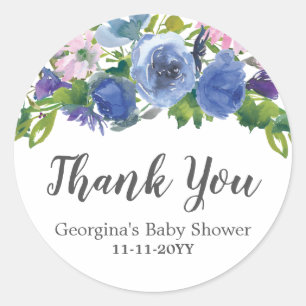 Sticker Rond Baby shower rose pourpre bleu floral de Merci