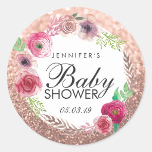 Sticker Rond Baby shower Rose Rose Rose Parties scintillant or