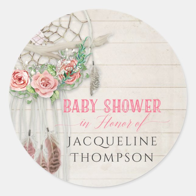 Sticker Rond Baby shower Roses BOHO Bohemian Dream Catcher (Devant)
