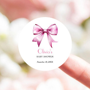 Sticker Rond Baby Shower Ruban à Nœud Rose
