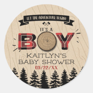 Sticker Rond Baby shower Rustic Forest Plaid Lumberjack Boys