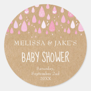 Sticker Rond Baby shower rustique bébé rose gouttes à gouttes c