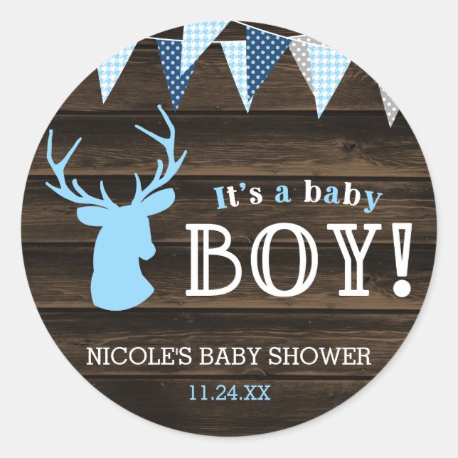 Sticker Rond Baby shower rustique Bois Bleu Cerf (Devant)