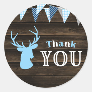 Sticker Rond Baby shower Rustique Bois Bleu Cerf Bois Merci