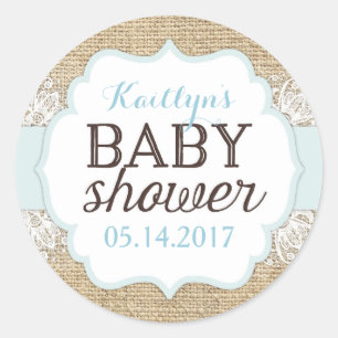 Sticker Rond Baby shower rustique de garçon bleu de dentelle d