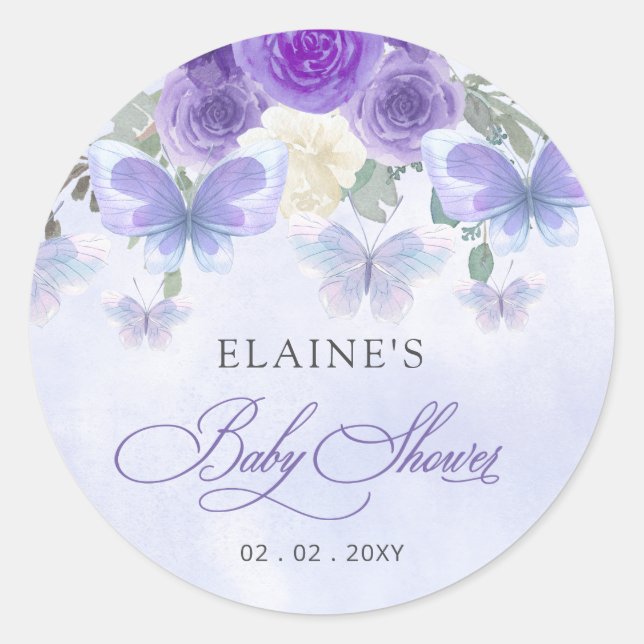 Sticker Rond Baby shower Rustique Floral Purple Lilac Butterfli (Devant)
