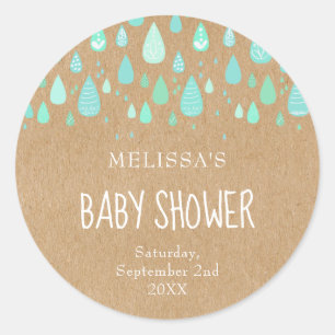 Sticker Rond Baby shower rustique kraft menthe vert gouttes
