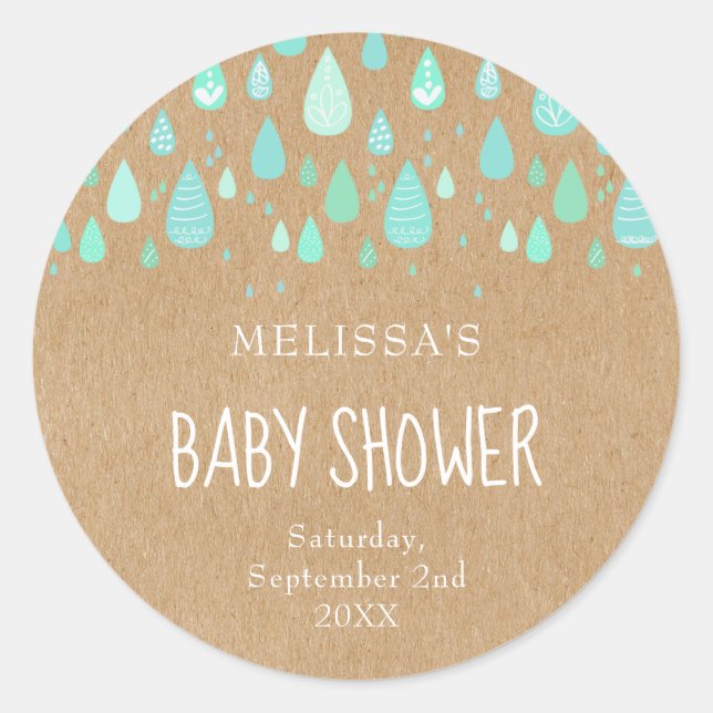 Sticker Rond Baby shower rustique kraft menthe vert gouttes (Devant)
