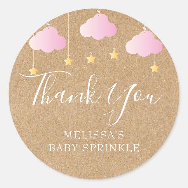 Sticker Rond Baby shower rustique kraft scintillant rose (Devant)