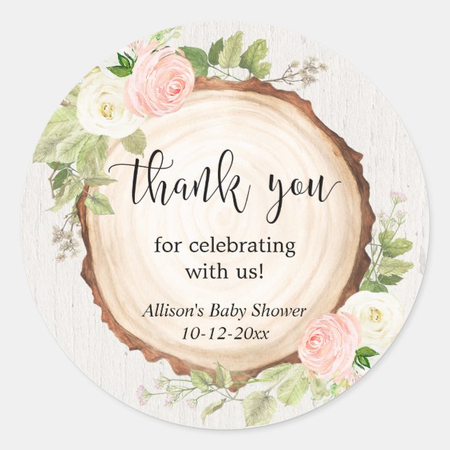 Sticker Rond Baby shower rustique rose rose blanc floral fille (Devant)