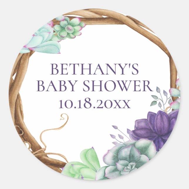 Sticker Rond Baby shower Rustique Wreath Aquarelle Succulents (Devant)