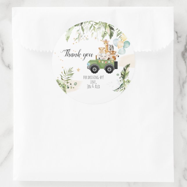 Sticker Rond Baby shower Safari Baby Animals en voiture (Sac)