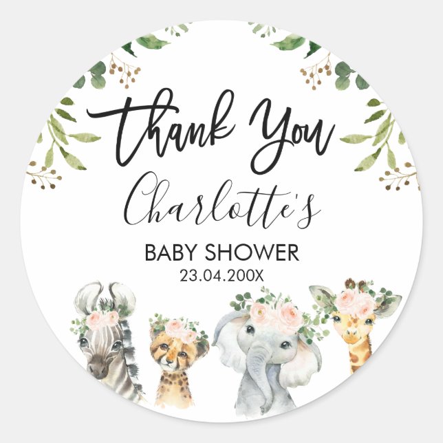 Sticker Rond Baby shower Safari Rose Floral Foliage Favoriser S (Devant)
