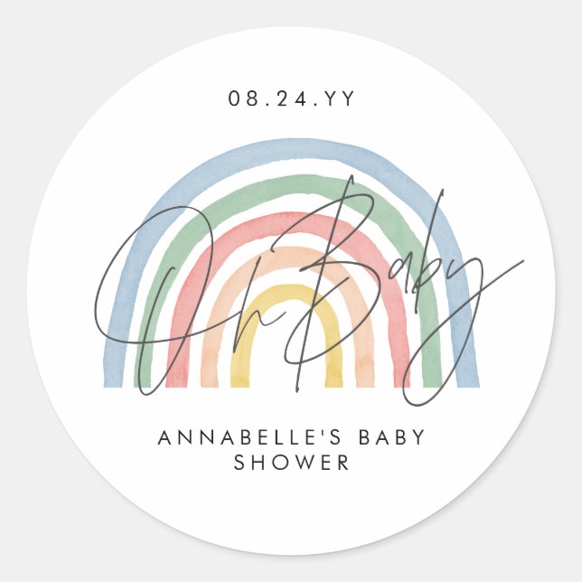 Sticker Rond Baby shower script coloré aquarelle arc-en-ciel (Devant)