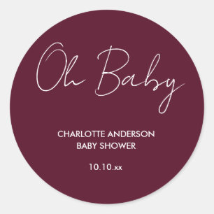 Sticker Rond Baby shower script moderne bordeaux élégant