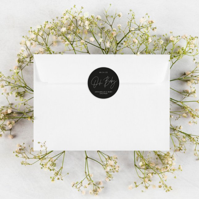 Sticker Rond Baby shower script moderne noir et blanc élégant (Créateur téléchargé)