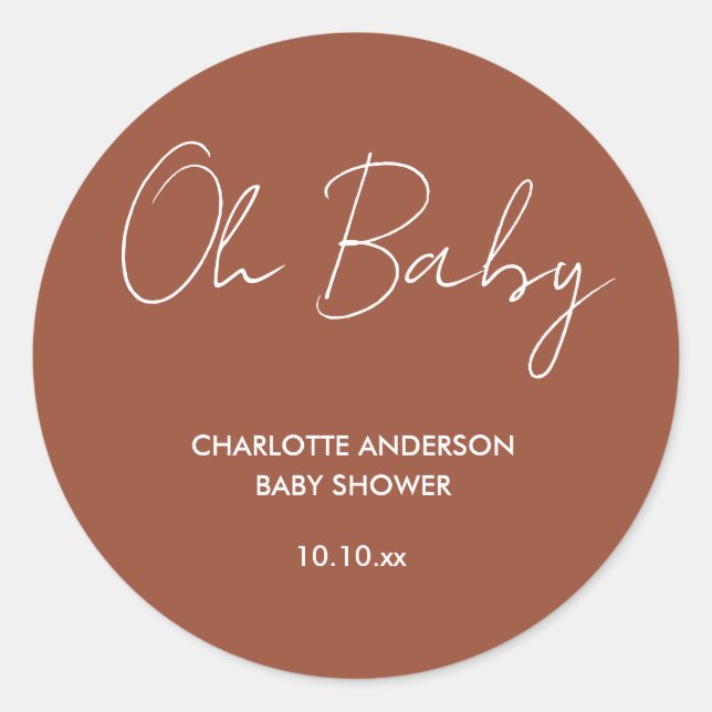 Sticker Rond Baby shower script moderne terre cuite marron élég (Devant)