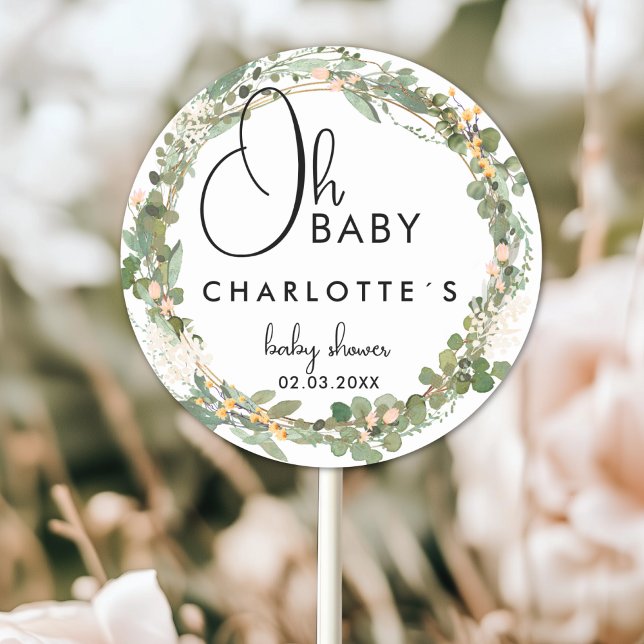 Sticker Rond Baby shower simple de couronne d'eucalyptus (Simple Eucalyptus Wreath Baby Shower Classic Round Custom Sticker with your Name and Date.)