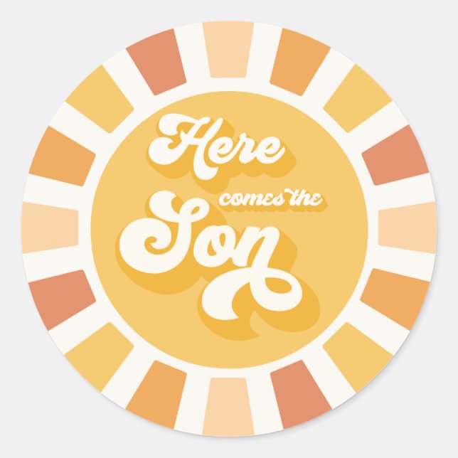Sticker Rond Baby shower Soleil Venez Ici Le Son Jaune Rayons (Devant)