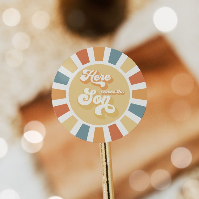 Sticker Rond Baby shower Soleil Venez Ici Le Son Jaune Rayons (Créateur téléchargé)