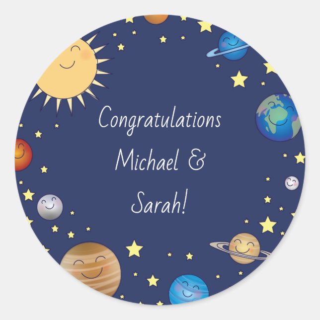 Sticker Rond Baby shower spatial Galaxy Étoiles Universelles (Devant)