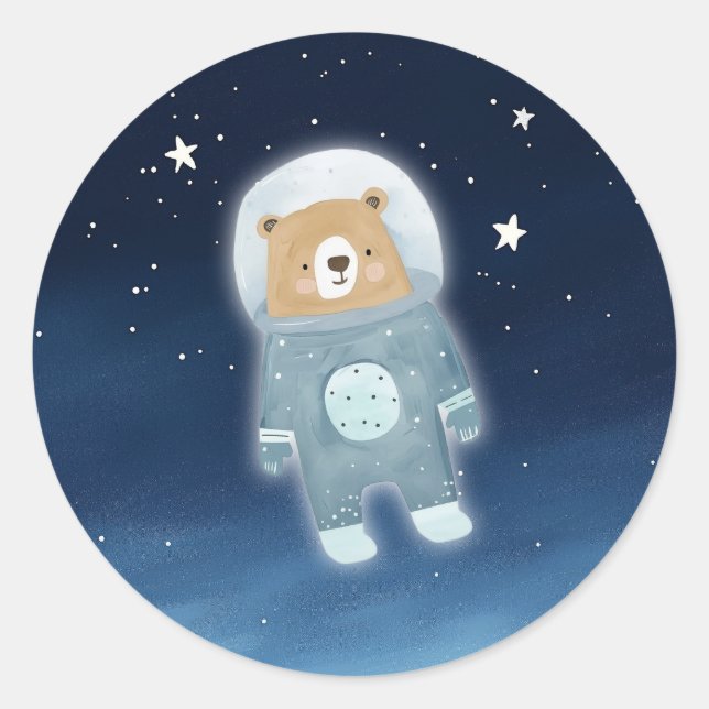 Sticker Rond Baby shower spatial habité par un astronaute bleu (Devant)