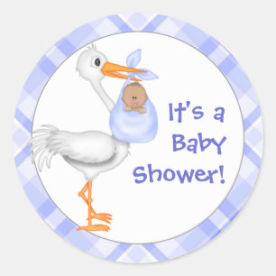 Sticker Rond Baby shower Stork & Baby Boy (peau sombre)