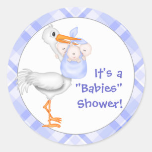 Sticker Rond Baby shower Stork & Triplet Boys