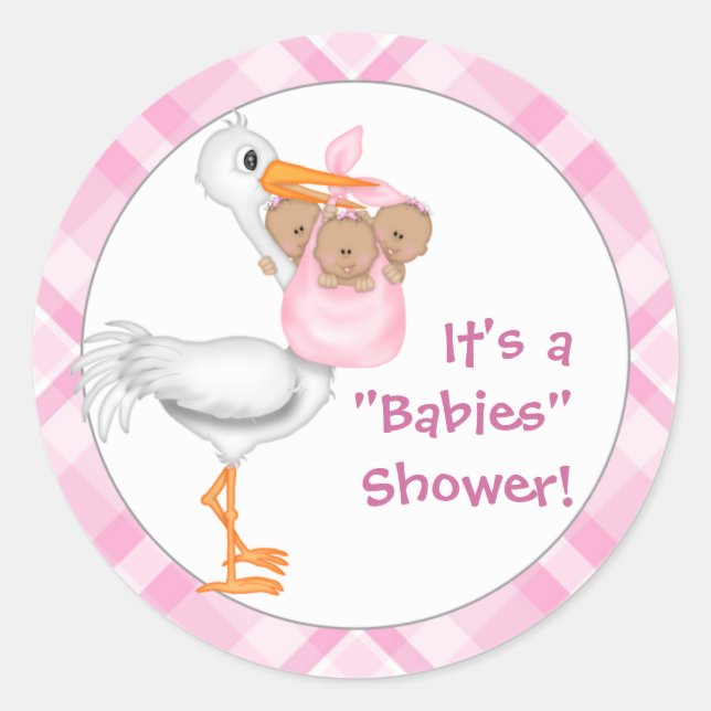 Sticker Rond Baby shower Stork & Triplet Girls (peau foncée) (Devant)