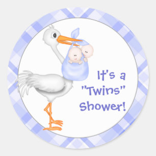 Sticker Rond Baby shower Stork & Twin Boys