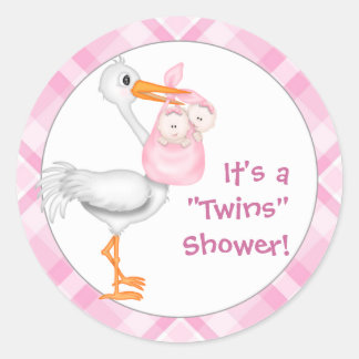 Sticker Rond Baby shower Stork & Twin Girls