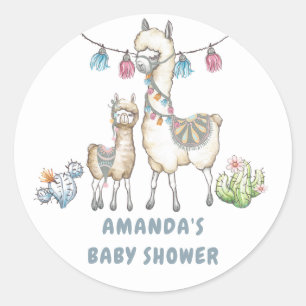 Sticker Rond Baby Shower sur le thème de Lama à l'aquarelle