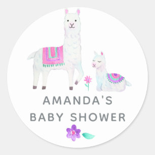 Sticker Rond Baby Shower sur le thème du lama aquarelle