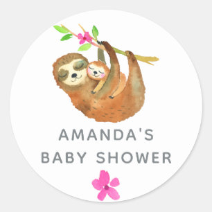 Sticker Rond Baby Shower sur le thème du paresseux à l'aquarell