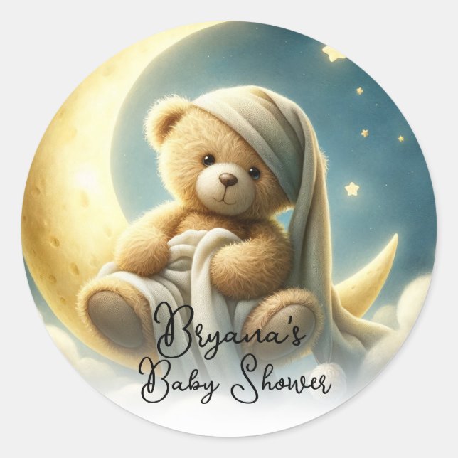 Sticker Rond Baby shower Teddy Bear on Moon Glow Stars (Devant)