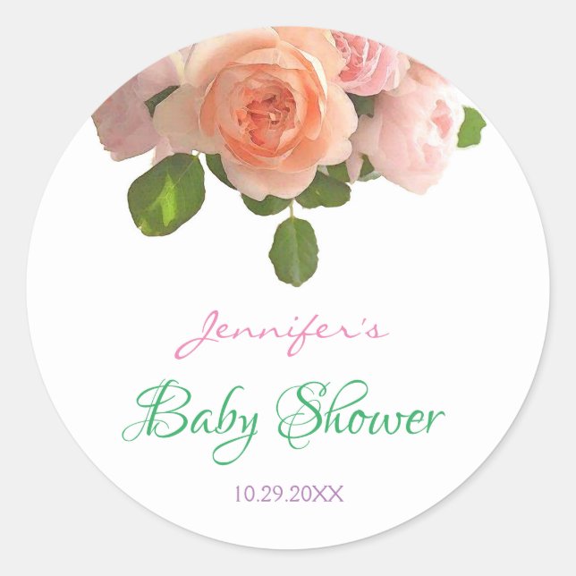 Sticker Rond Baby shower tendance Aquarelle Roses manuscrits (Devant)