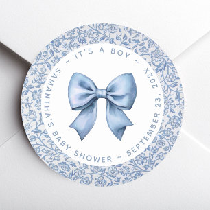 Sticker Rond Baby Shower Thème Arc-en-ciel Fleur Bleue et Blanc
