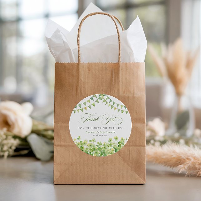 Sticker Rond Baby Shower Thème Trèfle Vert de la Saint-Patrick (St. Patrick’s Day Green Shamrock Baby Shower Classic Round Sticker)