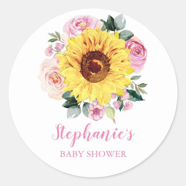 Sticker Rond Baby shower Tournesol rose Floral Personnalisé (Devant)
