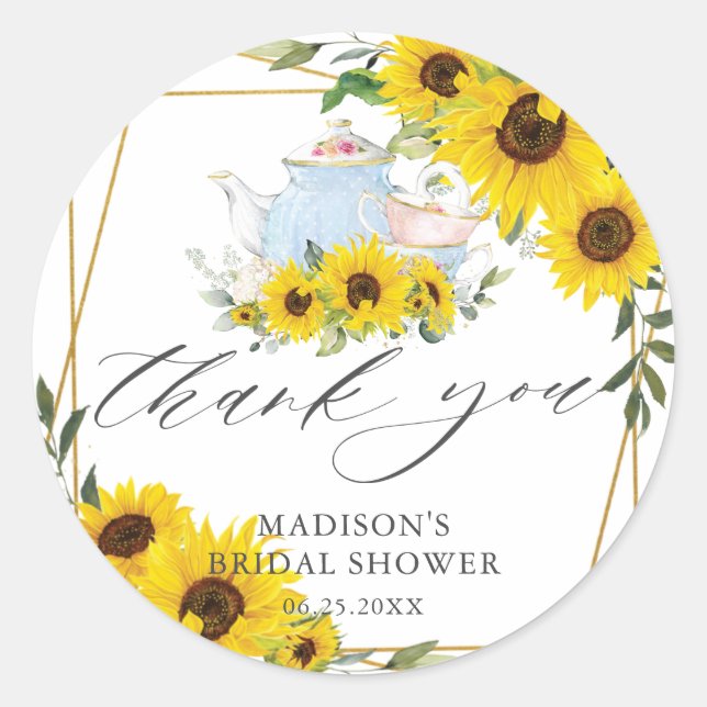 Sticker Rond Baby shower Tournesol Tea Party Merci Favoriser (Devant)