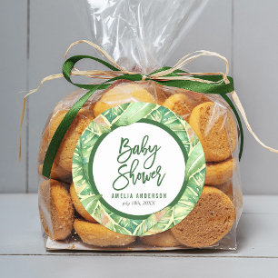 Sticker Rond Baby shower tropical Feuilles d'aquarelle verte