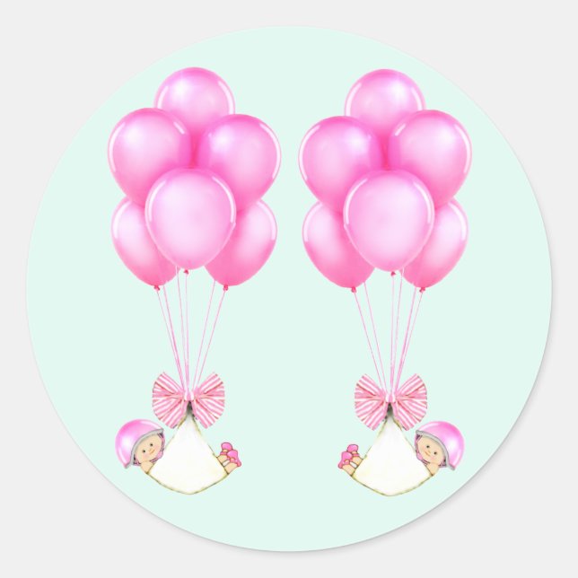 Sticker Rond Baby shower Twins Girls Pink Balloons (Devant)