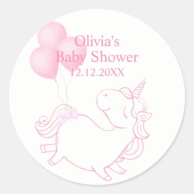 Sticker Rond Baby shower Unicorn rose mignon (Devant)