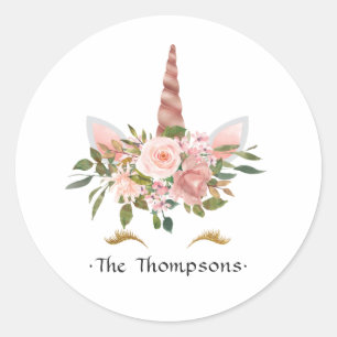 Sticker Rond Baby shower Unicorne rose et Rose or bleu