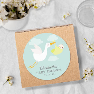 Sticker Rond Baby shower Unisex de la cigogne jaune
