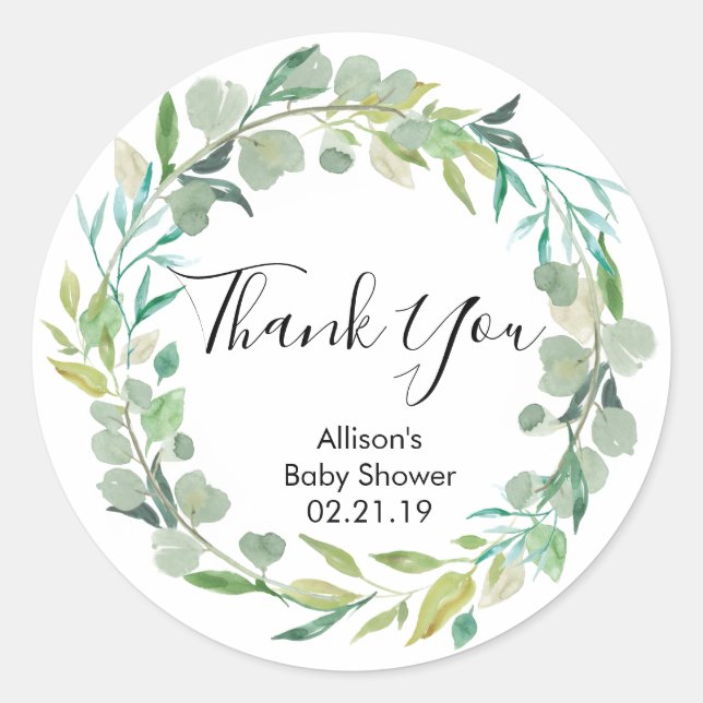 Sticker Rond Baby shower vert autocollants, feuilles verts (Devant)