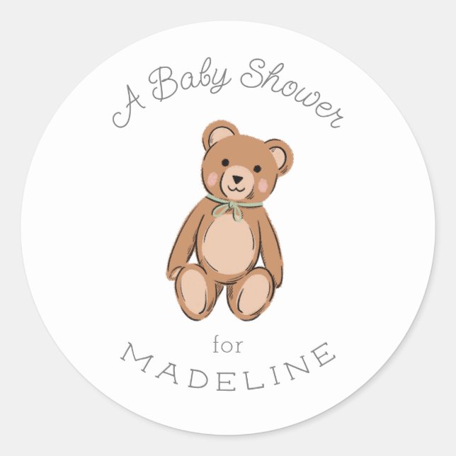 Sticker Rond Baby shower vert classique Teddy Bear Sage (Devant)